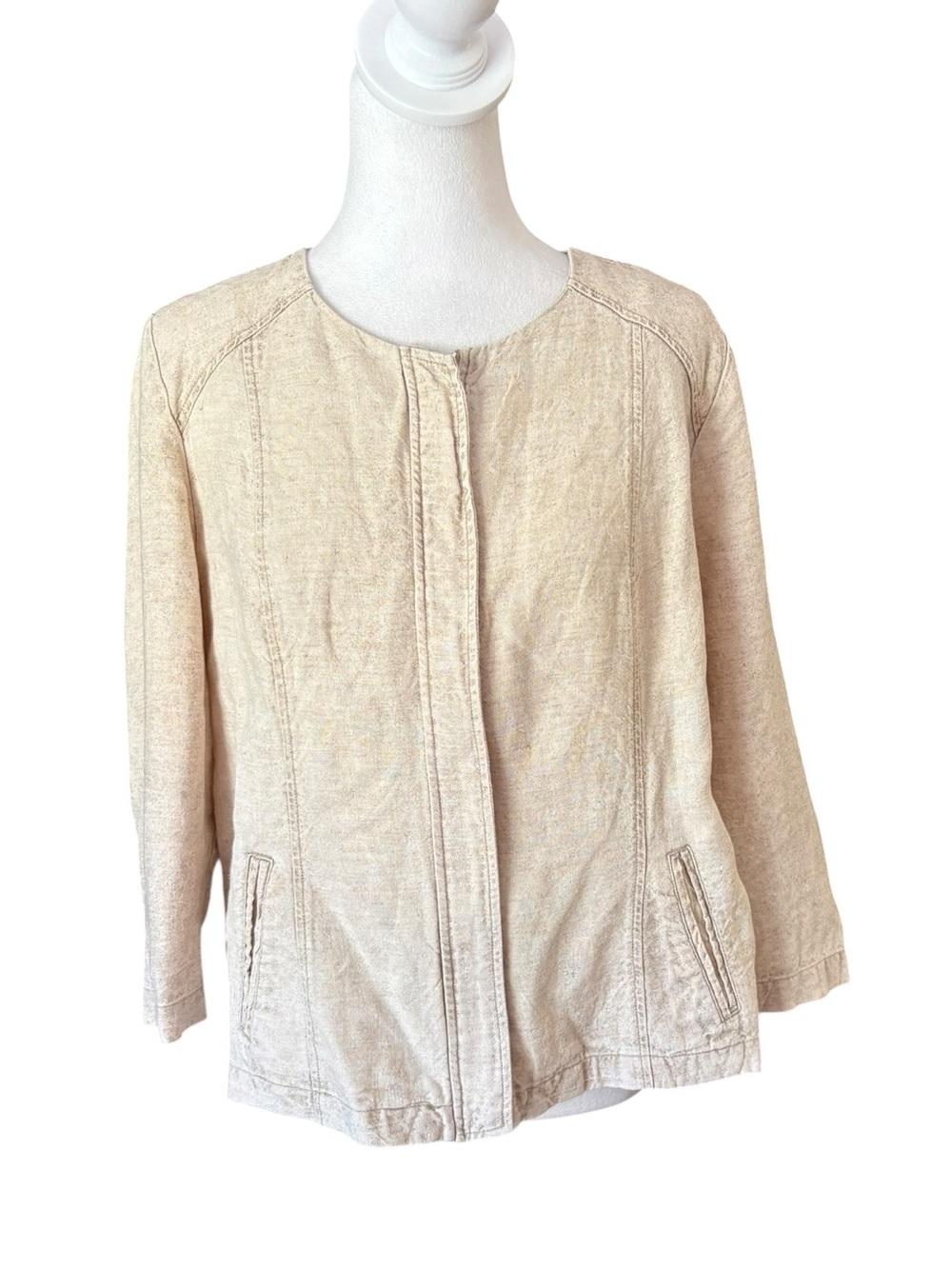 Chicos Linen Jacket Zip Beige Gold Foil 3 Quarter Sleeve Womens Medium Career